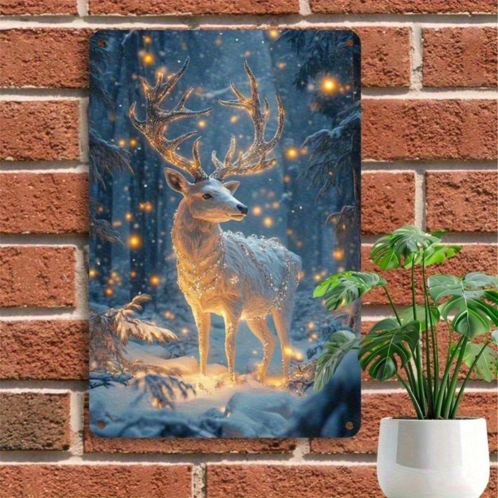 1pc 12x8 Inch Enchanted Deer Glowing Antlers Metal Tin Sign, Winter Snowy Forest Wall Art, Rustic Farmhouse Plaque for Home Bar Kitchen Decor