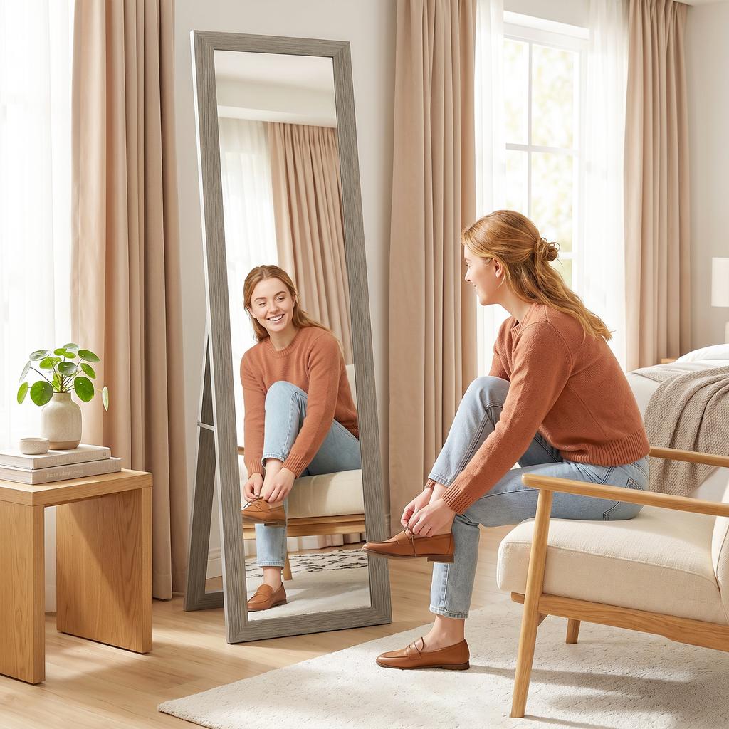 Full Length Mirror, 37 X 157 Cm, Hanging or Freestanding, Rectangular Full Body Mirror for Living Room, Bedroom, Grey