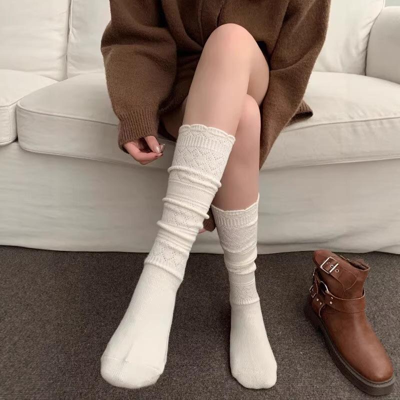 White Lace Wool Calf Socks Women'S Autumn And Winter New Hollow Ballet Style Thin Pile Stockings With Long Boots