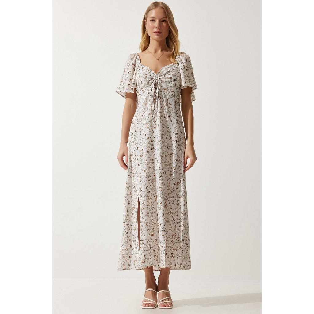 Slit Detailed Flounce Viscose Dress Ecru