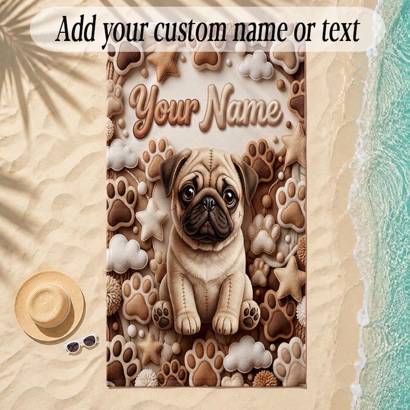 Pug Theme Soft Beach Towel Personalized Custom Name Text Towel Portable for Beach Pool Travel