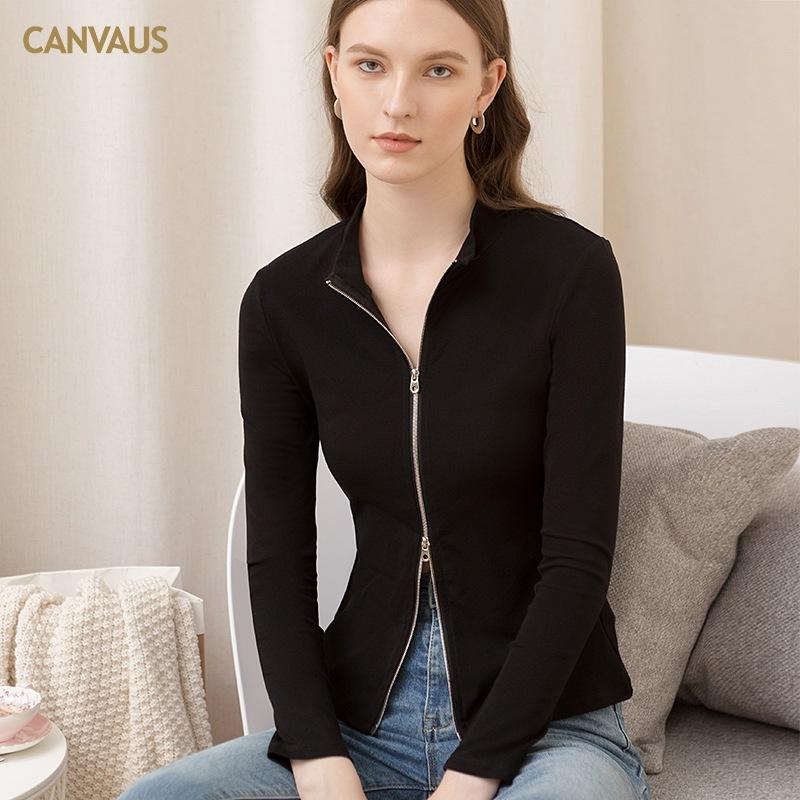 CANVAUS Herbstliches, kleines, hochgeschlossenes, schwarzes Reißverschluss-Oberteil aus europäischer und amerikanischer Baumwolle mit langen Ärmeln und schmalem Schnitt