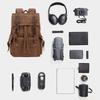 Vintage Distressed Leather Waxed Canvas Backpack Large Capacity Multiple -pockets New Waterproof Drawstring Outdoor Travel Double-Shoulder Bag