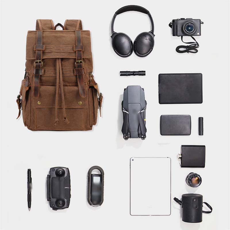 Vintage Distressed Leather Waxed Canvas Backpack Large Capacity Multiple -pockets New Waterproof Drawstring Outdoor Travel Double-Shoulder Bag