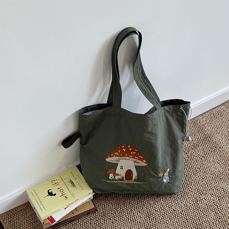 Cute Embroidery Drawstring Shoulder Bags for Women Large Capacity Versatile Ladies Tote Portable Student Girls Shopping Bag