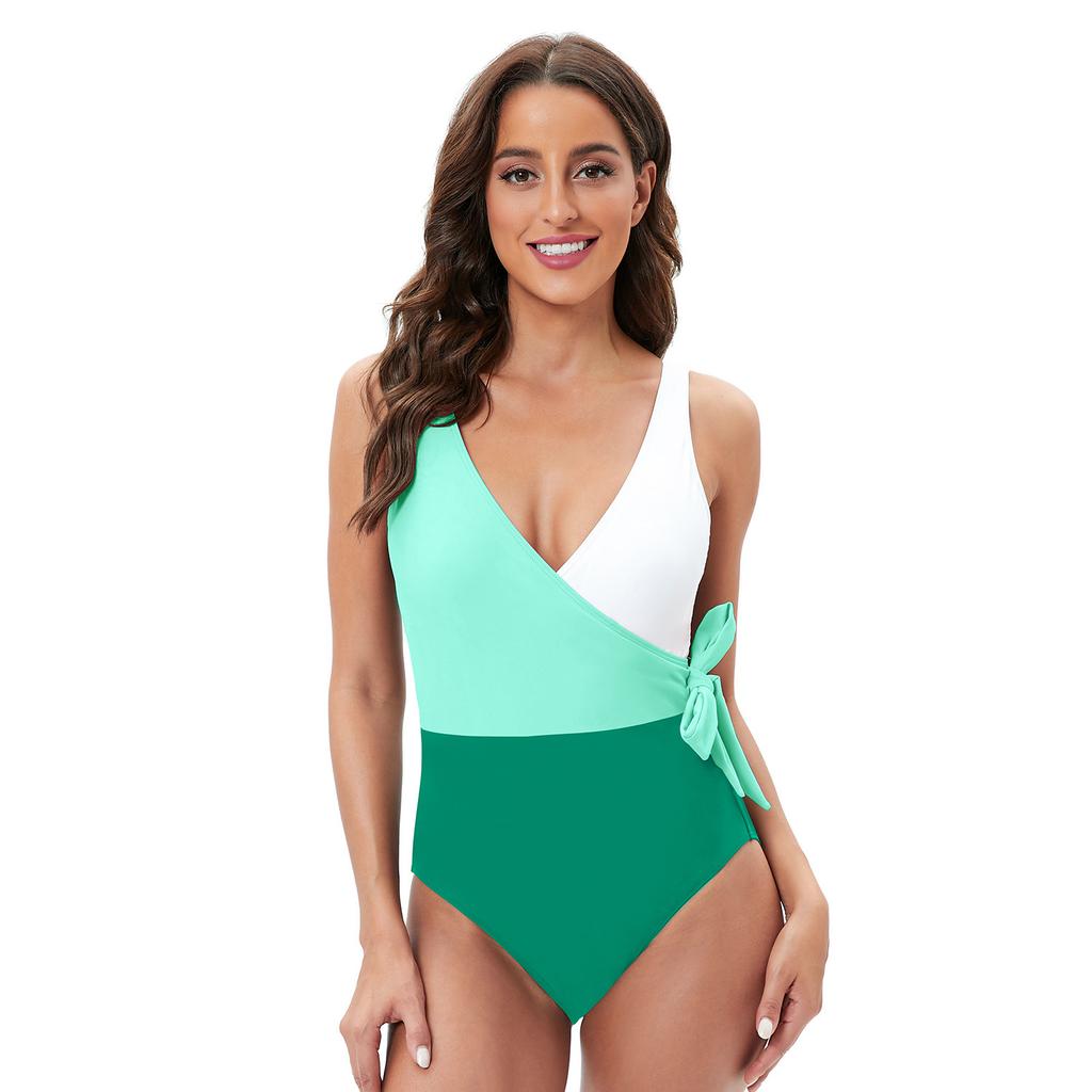 Summer Women Bikini Vintage Printed V Neck Patchwork Bandage One-piece Swimsuit