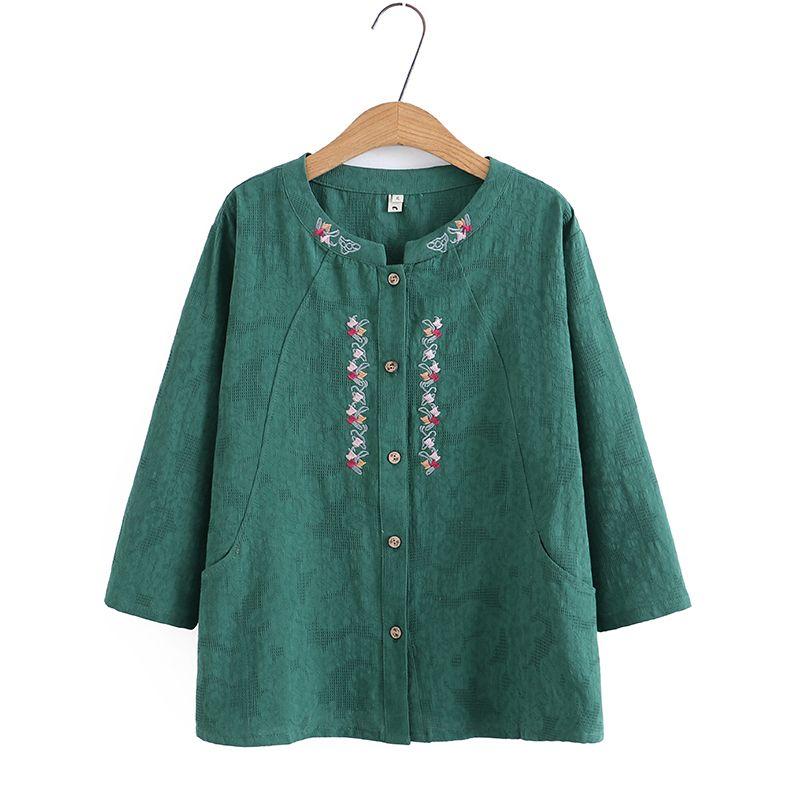 Embroidered Cotton Shirt Women's Large Size Spring and Autumn Tops, High-end Western Style Bottoming Shirt, Mother Shirt