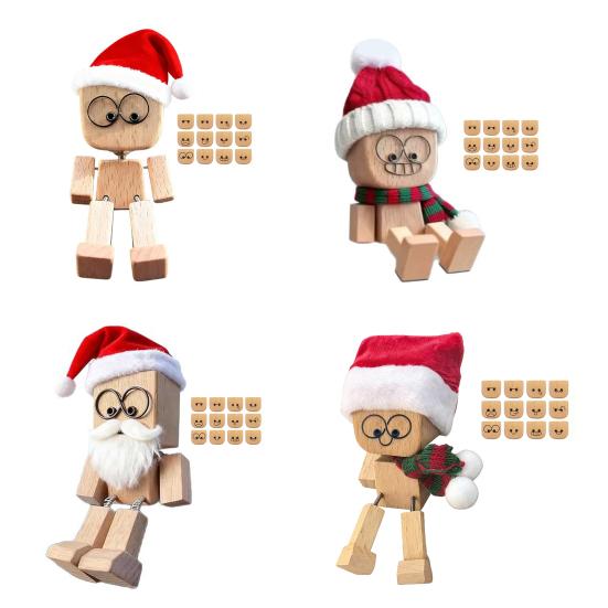 1 Set Christmas Shaking Wooden Man Wood Block Man Figurine with Shaking Legs 12 Magnetic Expressions Handmade Funny Santa Figurine