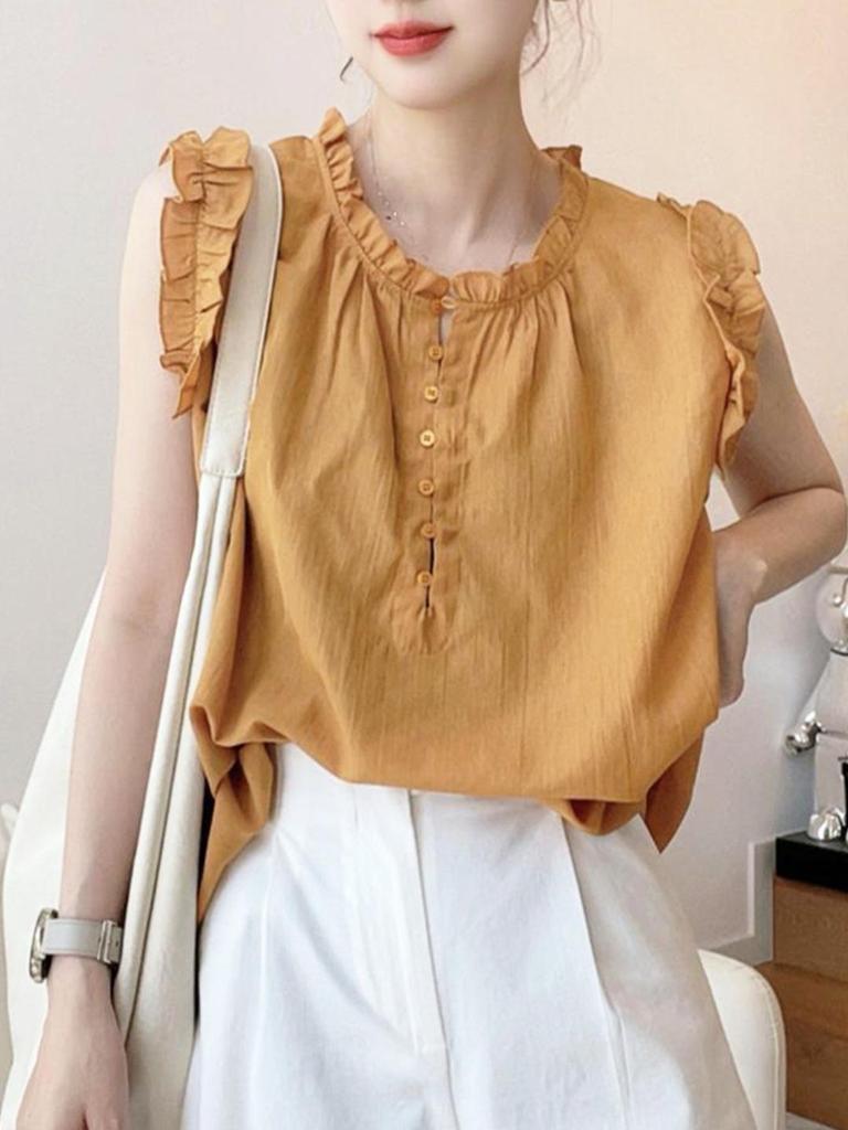 Modny top bez rękawów z falbankami na lato z okrągłym dekoltem