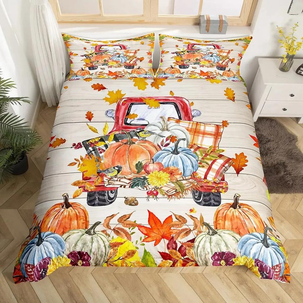 Thanksgiving Pumpkin Duvet Cover Set Maple Leaves Bedding Sets Truck Sunflower Comforter Cover Autumn Harvest Farmhouse Decor