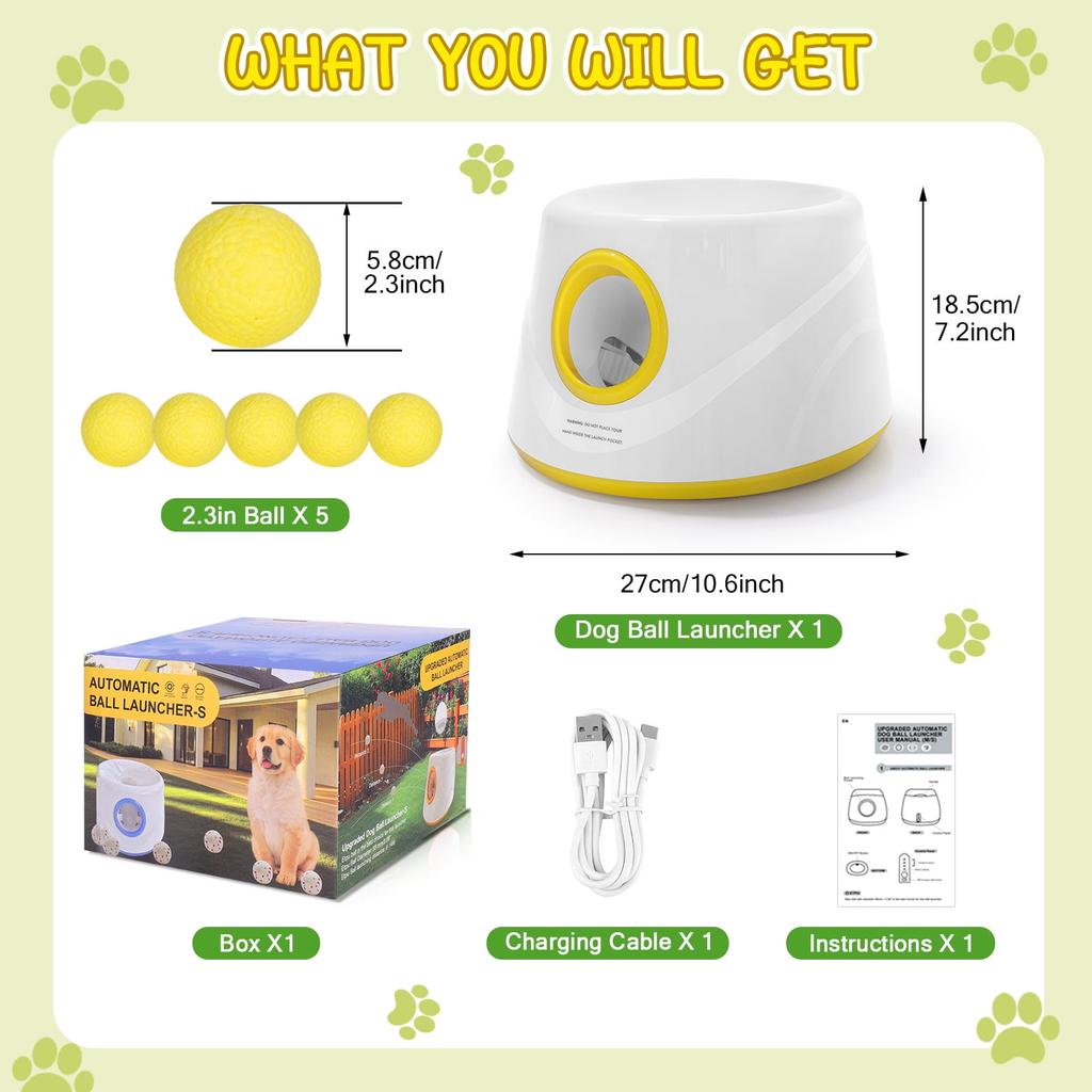 Lanceur de balles automatique pour chiens, Machine interactive de lancer de balle avec 3 niveaux de distance(20-46 pieds) & 5 Balles, Lanceur de Balle pour Chien pour Jouer à l'Intérieur et à l'Extérieur