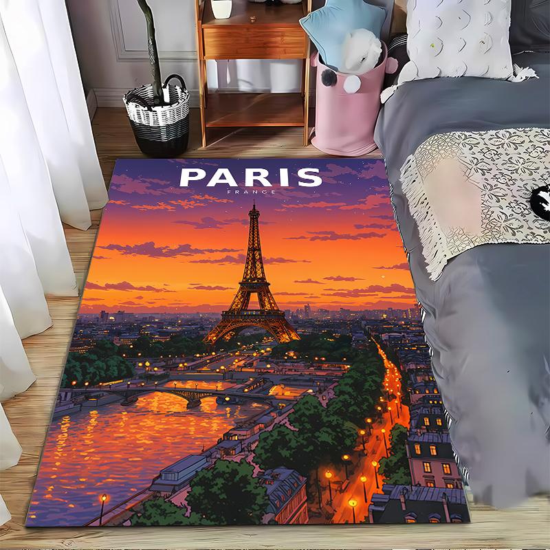 Paris France Travel Poster Eiffel Tower Sunset River Illustration Art Print decorative area rug accent for hallway entryway lounge