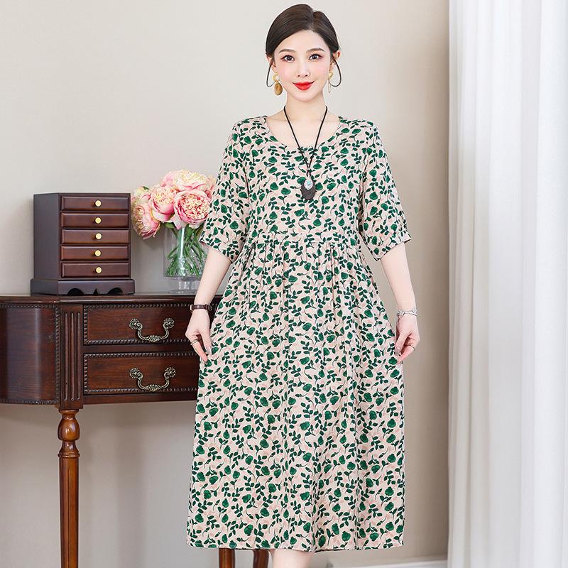 Übergröße Damen Langes Freizeitkleid Schmal geschnittenes Kleid Kurzarm Druckkleid Sommerkleid für Damen