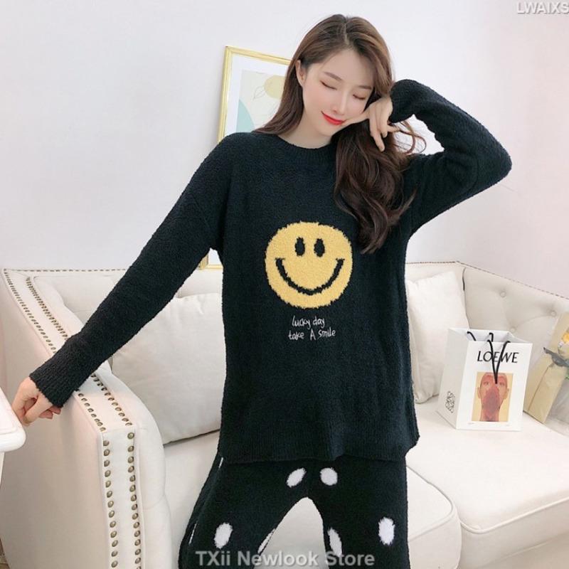 Women's Soft Black Smiling Face Pajamas Casual Couple Home Clothes Autumn and Winter New Style