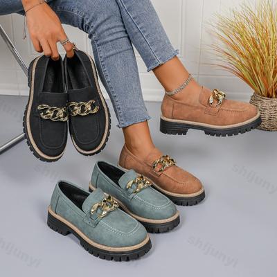 Woman Loafers Retro Autumn Ladies Large Size Frosted British Style Thick Heel Round Toe Rubber Outsole Korean Style Casual Shoes