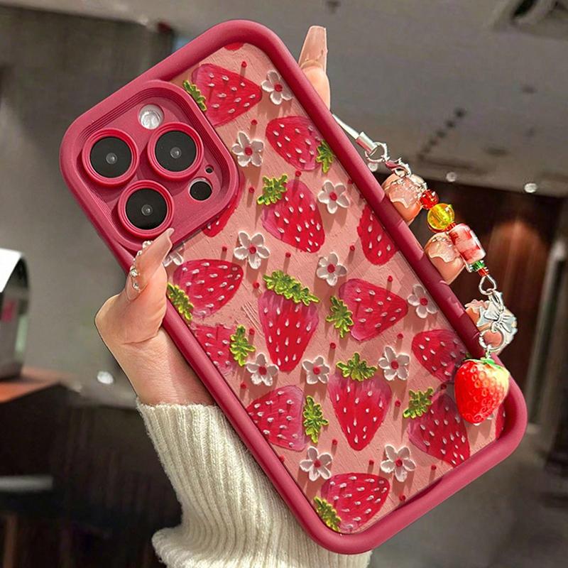 Flower Strawberry Painting Pendant Chain Phone Case For iPhone 17 16 15 14 13 12 11 Pro Max 16E XS X XR 7 8 Plus Silicone Cover