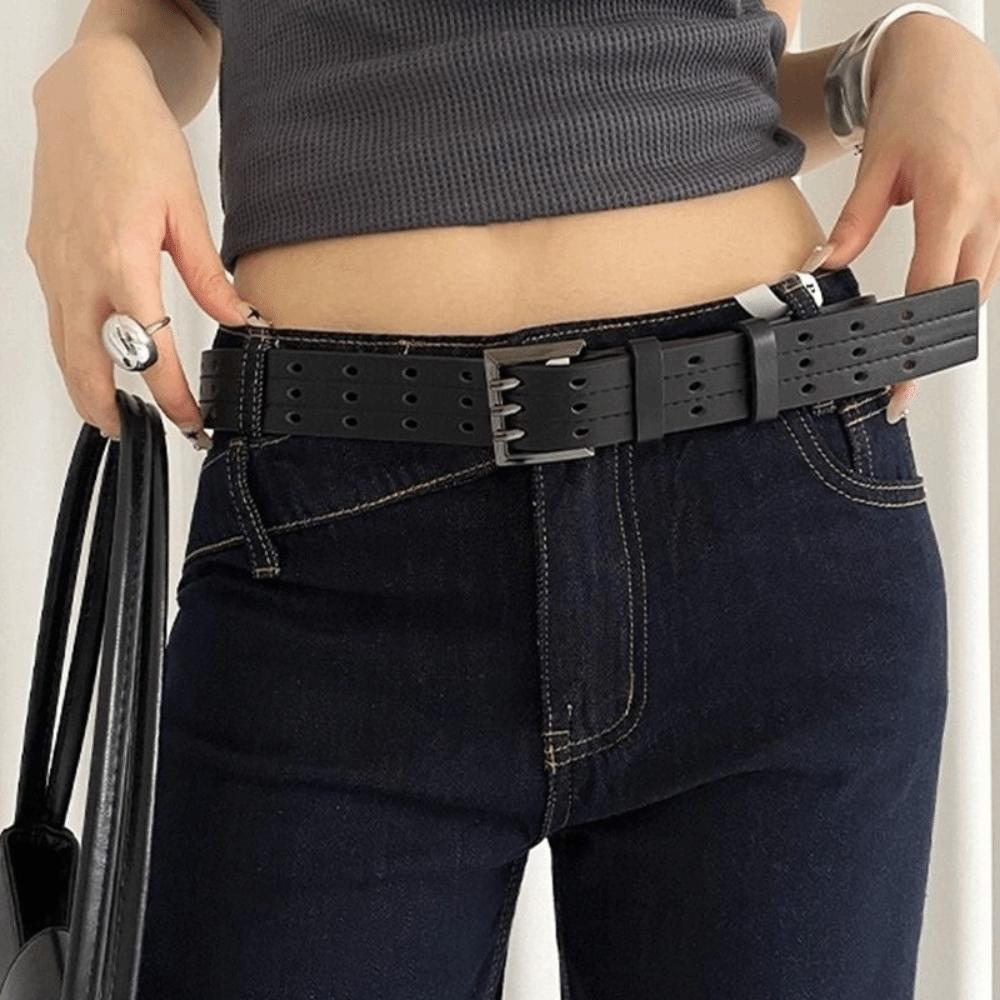 Vintage Three-Row Wide Belt Y2k Women's Dress Jeans Belt Niche Leather Waistband  Spicy Girls