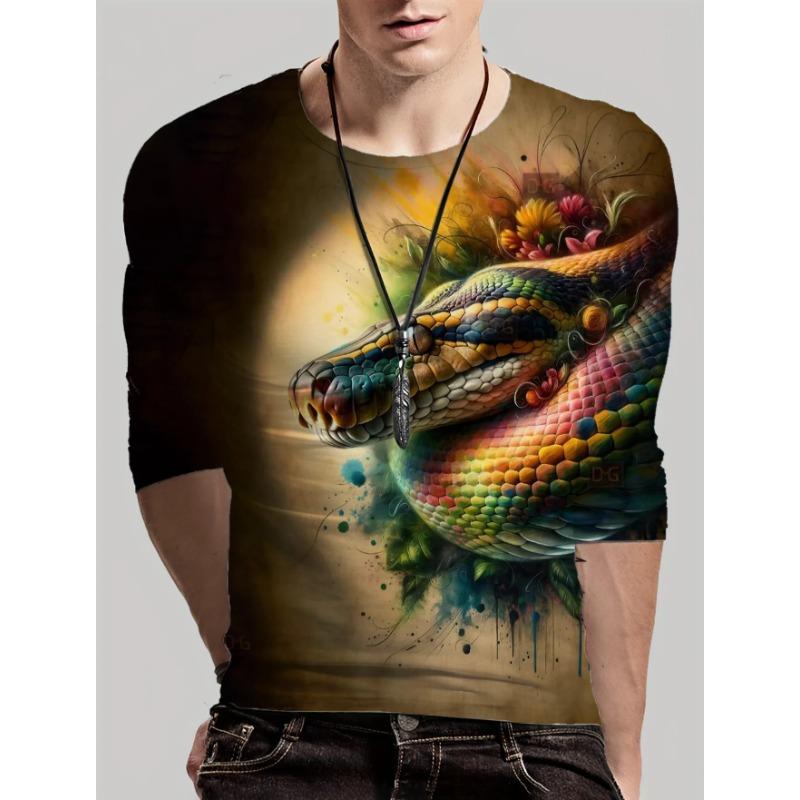 Round Neck 3D Snake Printed Top Casual Long Sleeved Men's T-shirts - Soft Medium Stretch Polyester Fabric Spring and Autumn Relaxed Fit Clothing
