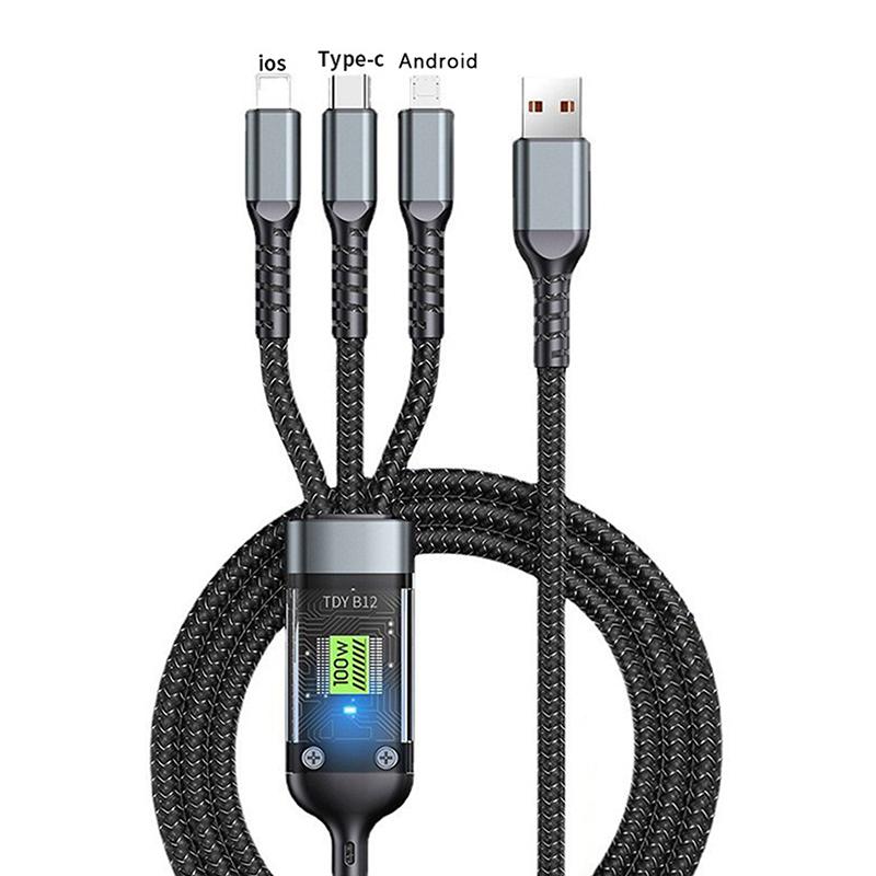 3-In-1 100W Fast Charging Usb To Type-C Micro Fast Charger Cable For Iphone 15 Samsung Xiaomi Huawei