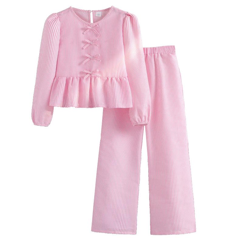 Mädchenmode-Set Herbst Kinder Freizeit Fliege mit Rüschenkanten, Puppenoberteil, Gestreifte Weitbein-Hose