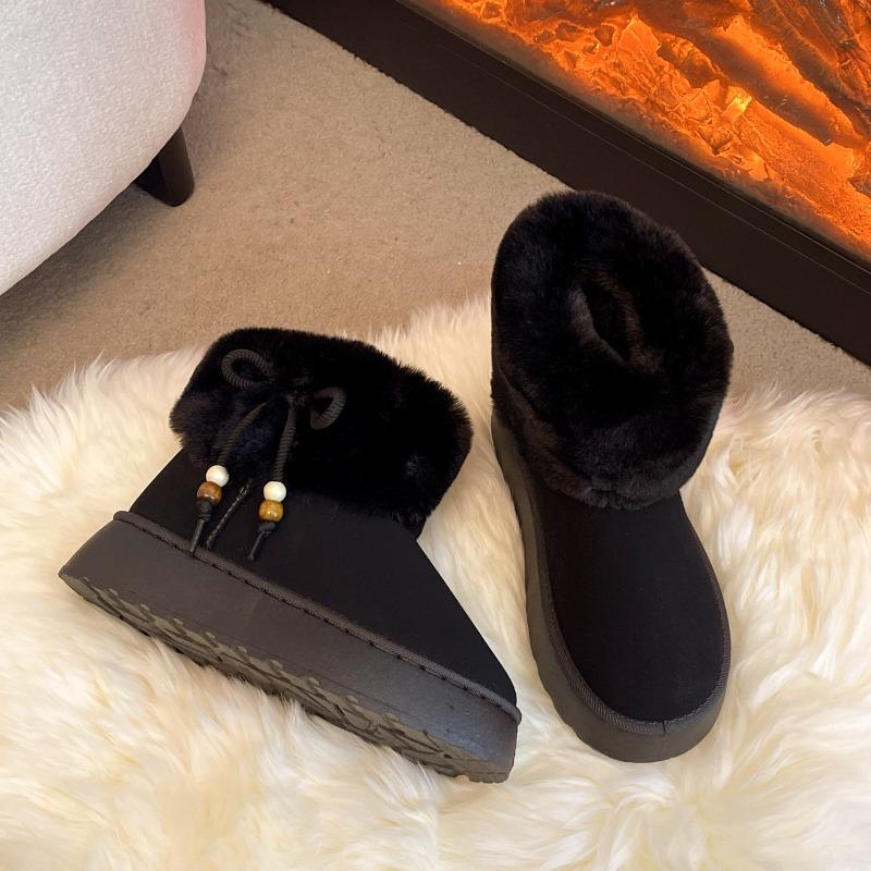 Women Snow Boots Round Toe Platform Sole Butterfly-knot String Bead Cotton Boots Fashion All-match Winter Plush Thickened Boots