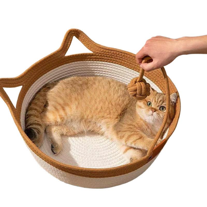 Cat Rattan Bed Round Hand Woven Kitten Bed Summer Wear-resistant Cooling Bed Indoor Sleeping House M/L Size Pet Accessories