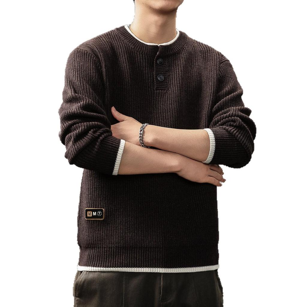 Men's Retro Two-Piece Look Color Block Ribbed Knit Sweater, Autumn Winter Casual Loose Henley Collar.