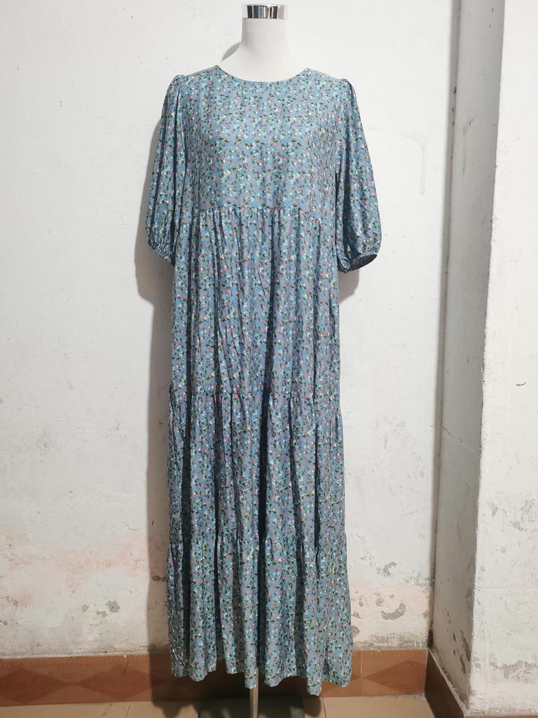 Retro Floral Short Sleeve Plus Size Round Neck Dress for Women