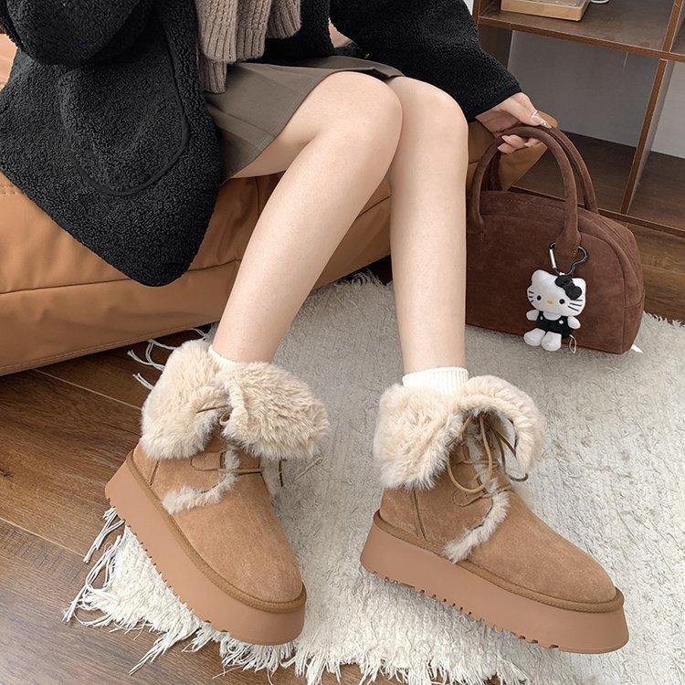2025 Autumn and Winter Snow Boots Women's Fleece Thickened Thick Sole To Increase the Height of the Fur Integrated Northeast Cotton Shoes Fluffy