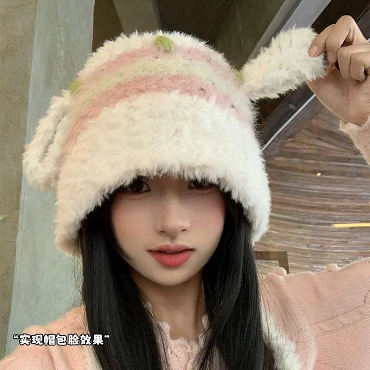 Cute lamb ears plush hat women's autumn and winter new furry hat warm ear protection knitted hat