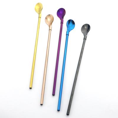 4 Stück wiederverwendbarer Strohlöffel mit langem Griff, bunt, 18/10 Edelstahl, Strohhalm, Teeschaufel, gerade Stange, Kaffeerührlöffel