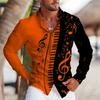 Music Piano Print Long Sleeve Shirt, Stylish Casual Men's Top