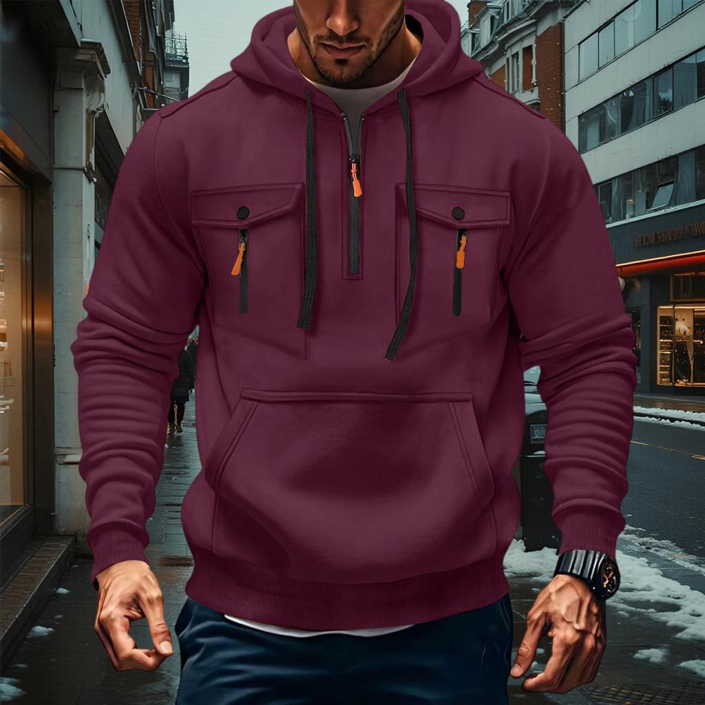Men's Military Cargo Hoodies, Casual Quarter Zipper Pullover Tops With Multi Pockets