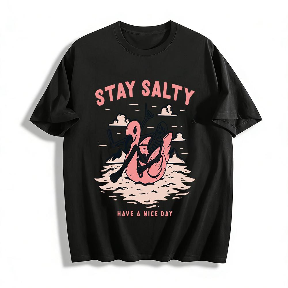 Stay Salty Skeleton Flamingo Float Graphic Tee Vacation Casual Top Pure cotton T-shirt XXS