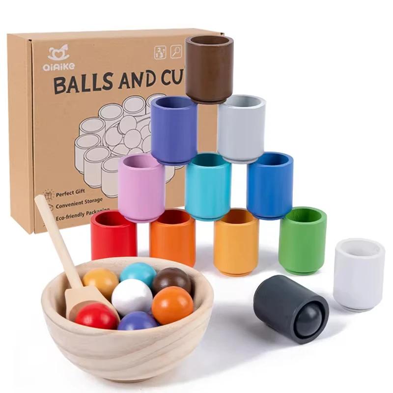 Non-Toxic Baby Montessori Wooden Toy Rainbow Ball Matching Game Toy Color Cognitive Matching Early Education Learning Toys For Children