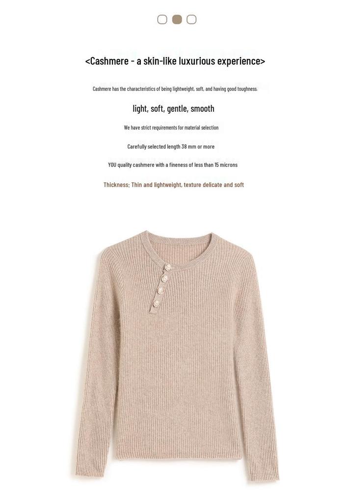 Women's Slim Fit Cashmere Sweater - Round Neck Ribbed with Diagonal Buttons, Elegant Knitwear for Autumn and Winter