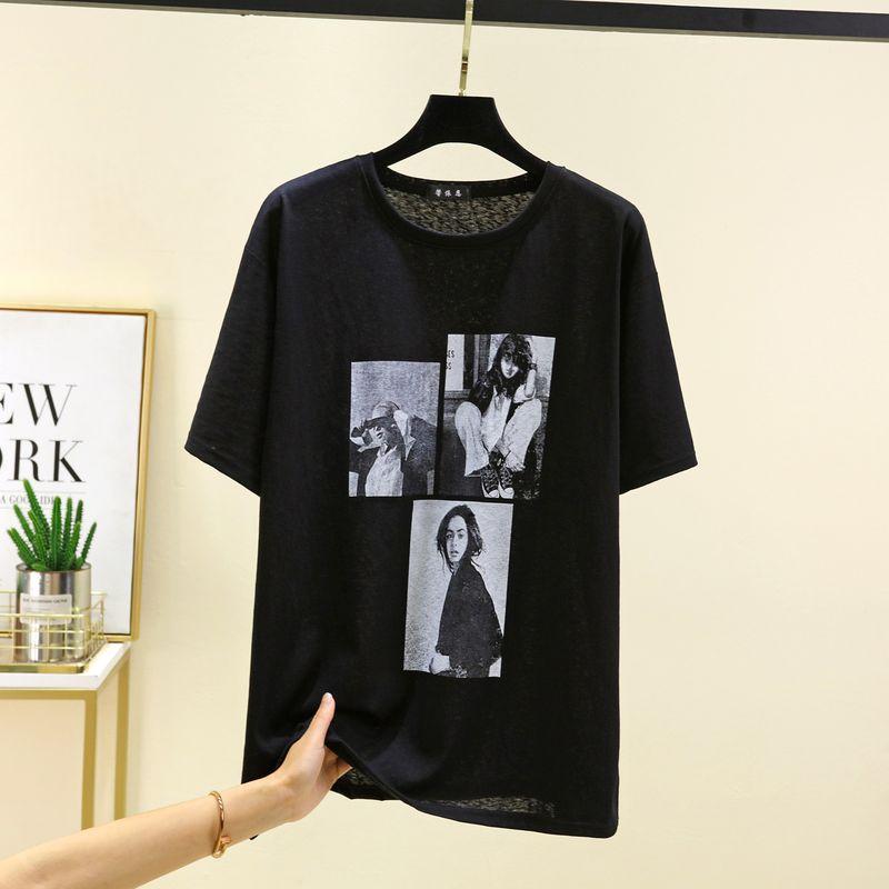 Korean Style Print T-shirt Women Summer round Neck Versatile Short sleeve Top Outer Wear Slimming Cotton Base Quick-Drying Sweatshirts
