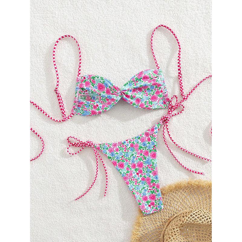 Sexy Pink Floral Print Micro Bikini Women Pleate Cross Push Up Bra Triangle Swimsuit Beach Bathing Suit Holiday Swimwear