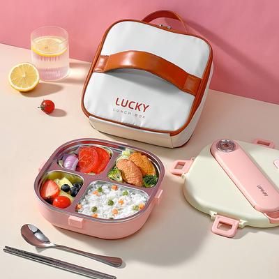 WORTHBUY Cute 304 Stainless Steel Divided Lunch Box With Cutlery Heatable Large Capacity Sealed Food Container Set For Student