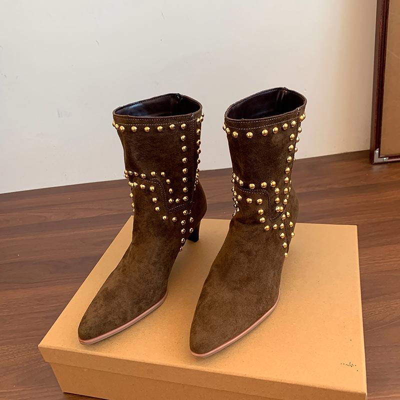 Cow Suede Mid-calf Modern Boots Square Heel Mid Heel 2025 Fashion Ladies Shoes Pointed Toe Solid Rivet Ethnic Women's Boots
