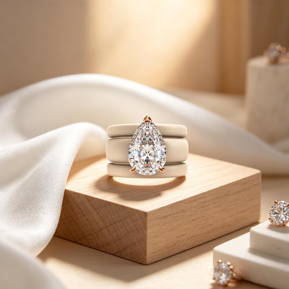 Cream Beige 3 Stacked Silicone Ring Pear Shape Cubic Zirconia Rose Gold Prong Rubber Wedding Rings For Female