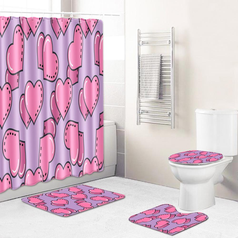 Love Valentine'S Day Shower Curtain Floor Mat Four-Piece Set Bathroom Non-Slip Door Mat Bedroom Carpet