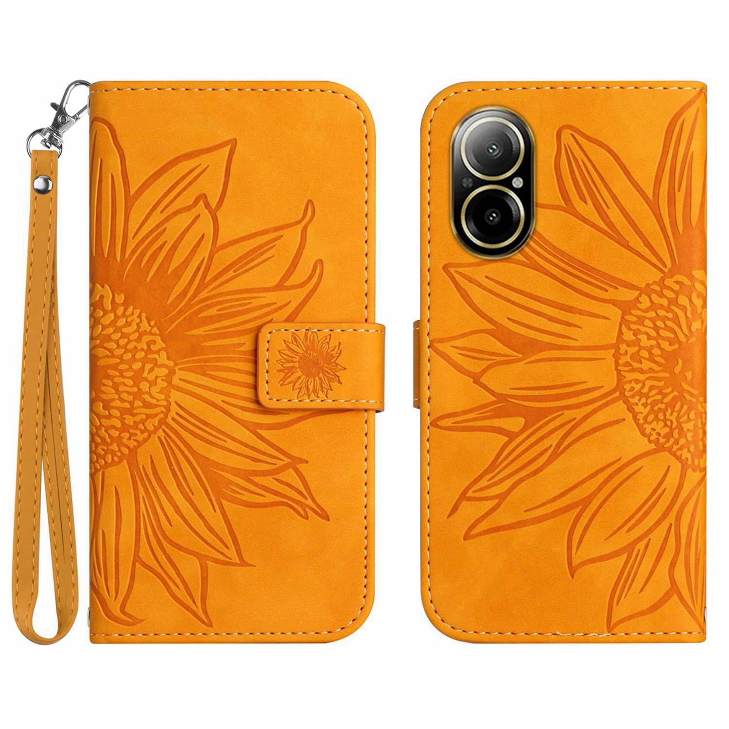 

HT04 For Realme C67 4G Leather Phone Case Sunflower Pattern Flip Wallet Cover with Hand Strap Yellow