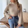 Semi-turtleneck women's sweater short open-button sweater top European and American size autumn and winter new horn-sleeved sweater