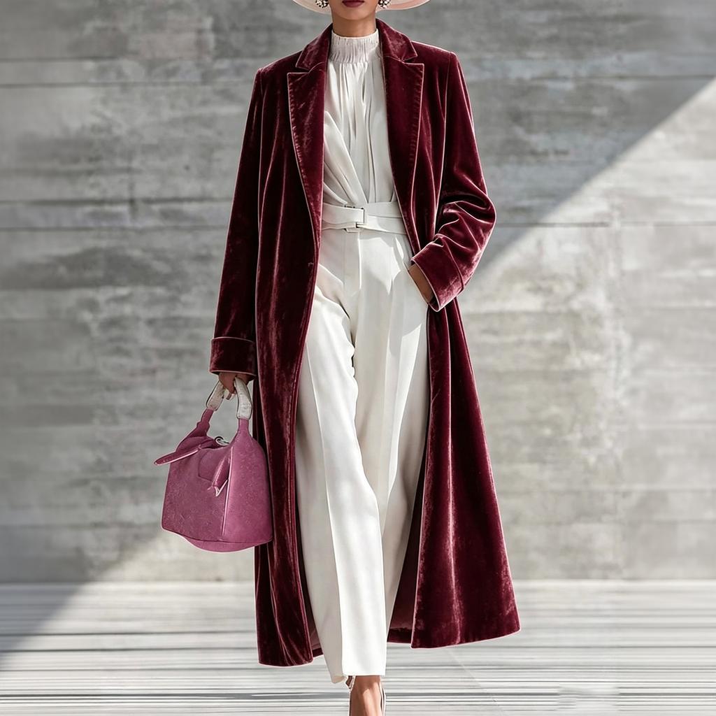 Cappotto Lungo da Donna in Velluto con Collo a Revers Lunghezza Sopra il Ginocchio Elegante Capospalla Invernale