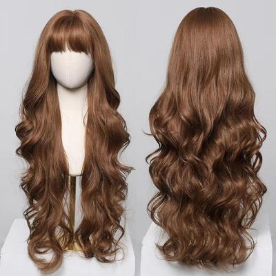 Brown Wigs 30 Inches Synthetic Curly Wig Long Wavy Hair for Women Wigs with Bangs Natural Christmas Party High Temperature Fiber