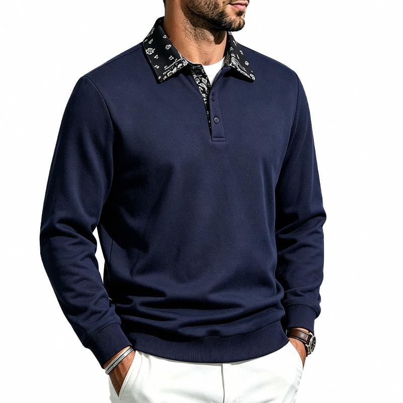 Men Patchwork Collar Sweatshirt Long Sleeve Button Pullover Tops Autumn Winter Casual Loose Fit Men's Sweatshirts Daily Male Clothing