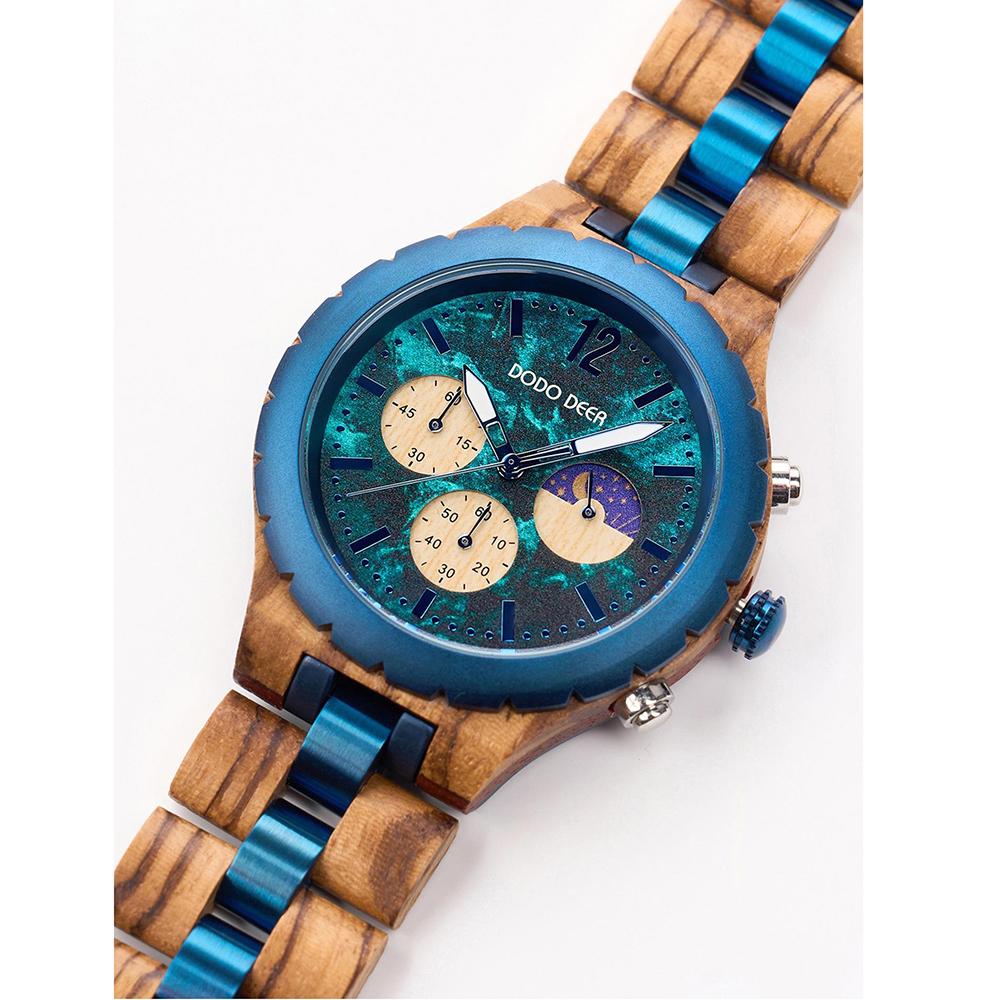 Herrenuhren Holzarmband Mode Blaues Zifferblatt Uhren Luxus Datum Chronograph Leuchtend Holz Armbanduhr Für Mann