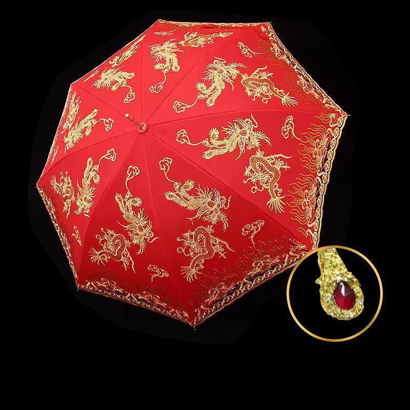Eleganter roter Brautschirm mit gestickter Spitzkante und langem Griff für Hochzeiten