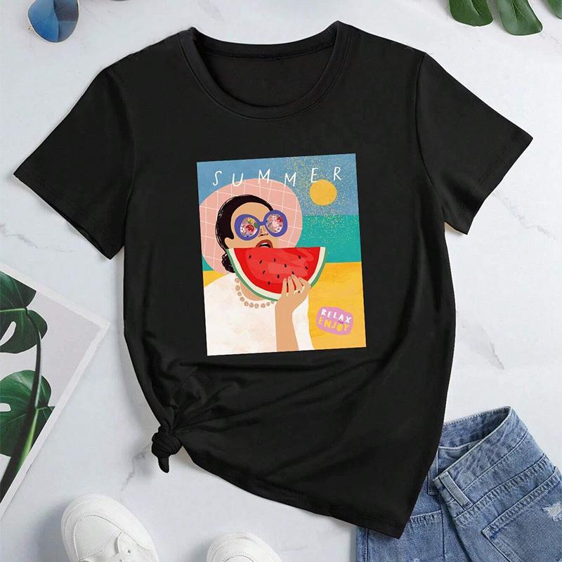 Fashion Women Fresh Summer Character Watermelon Print T Shirt Funny Casual O-neck Short Sleeves T-shirt Summer Female Tee Shirt